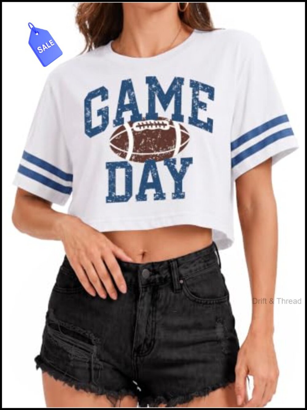 Football Graphic Crop Top Crew Neck Short Sleeve Cotton Blend Tee